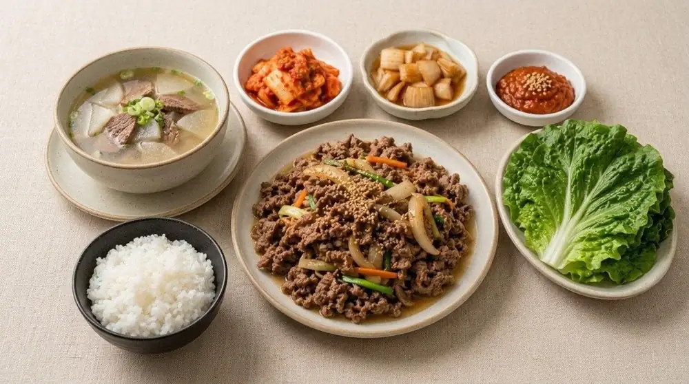 A Korean BBQ meal with grilled beef, rice, soup, kimchi and lettuce wraps